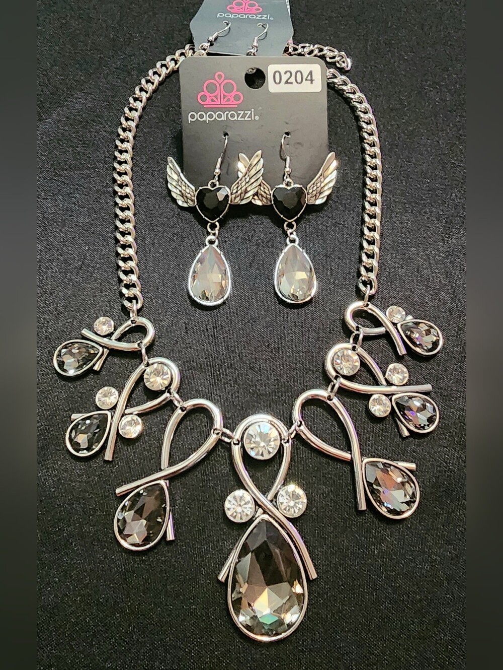 Paparazzi Silver-tone Black & Clear Teardrop Statement Necklace & Earring Set